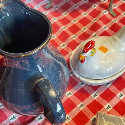 Blue Ceramic Pitcher & Rooster Dish