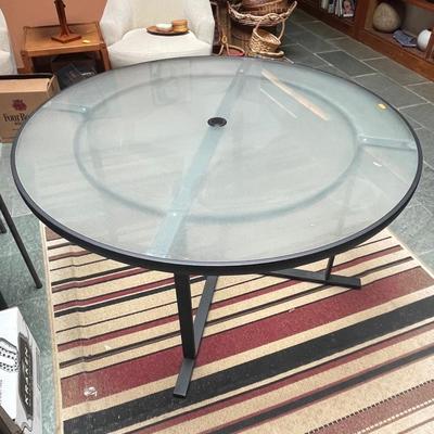 Round Glass Top 52â€ Diameter Patio Table w/ Black Base & Center Hole for Umbrella