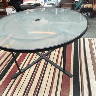 Round Glass Top 52â€ Diameter Patio Table w/ Black Base & Center Hole for Umbrella
