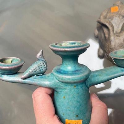 Stone Rabbit & Blue Clay Candleholder