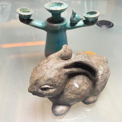 Stone Rabbit & Blue Clay Candleholder