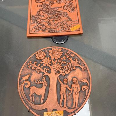 2 Carved TERRA COTTA PLAQUES 1 Round, 1 Square