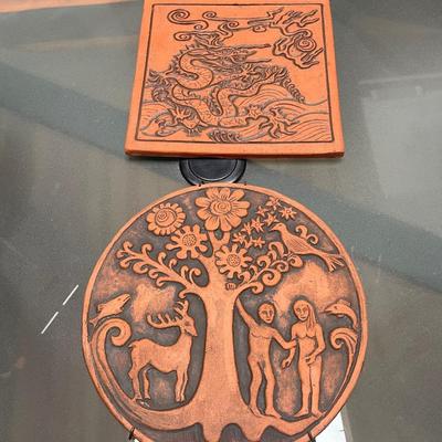 2 Carved TERRA COTTA PLAQUES 1 Round, 1 Square