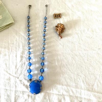 UB2136 Antique Hop a long Cassidy Hankies with Blue Chalcedony Necklace & Gold Filled Pin/Brooch