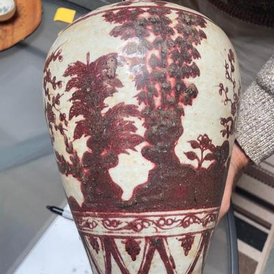 Tall RED & CREAM POTTERY VASE Signed U or VL PIKE