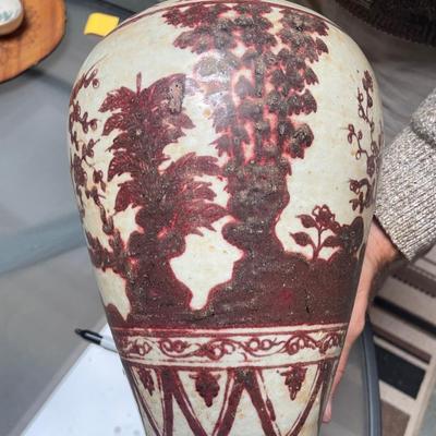 Tall RED & CREAM POTTERY VASE Signed U or VL PIKE