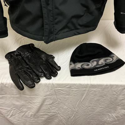 FC2144 Columbia Men's Large Jacket with Leather Gloves and North Face Hat