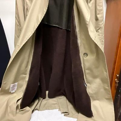 FC2145 Two LONDON FOG Navy Wool Dress Coat and Tan Rain Coat with Liner Leather Gloves