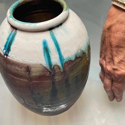 RAKU GLAZED VASE w/ BLUE DRIPS
