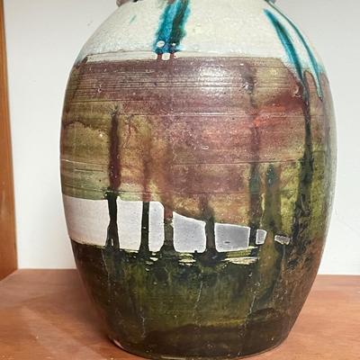 RAKU GLAZED VASE w/ BLUE DRIPS