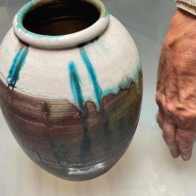 RAKU GLAZED VASE w/ BLUE DRIPS