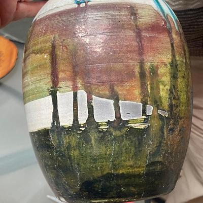 RAKU GLAZED VASE w/ BLUE DRIPS