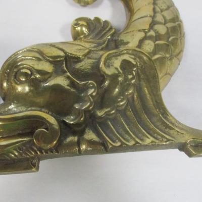 Pair of Cast Brass Neoclassical Dolphin Serpent Fireplace Andirons, Bradley & Hubbard