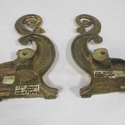Pair of Cast Brass Neoclassical Dolphin Serpent Fireplace Andirons, Bradley & Hubbard