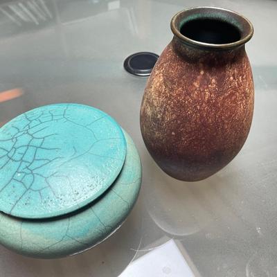 Miles Roberts signed Brown Vase & Teal Covered Compote