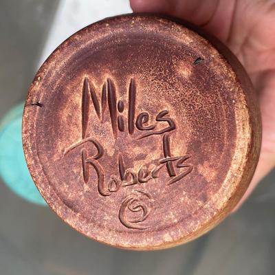 Miles Roberts signed Brown Vase & Teal Covered Compote
