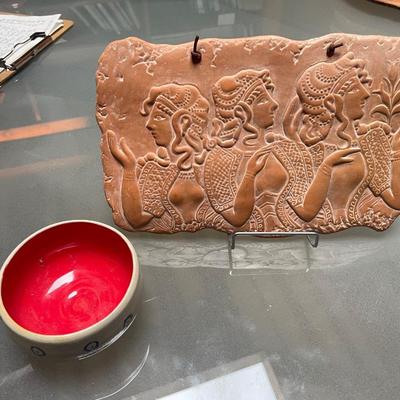 Hine Small Pottery Dish & Plaque of Ladies