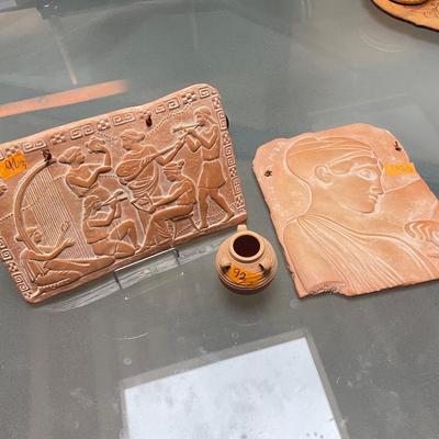 3 Terracotta Items - 2 plaques & 1 small jar