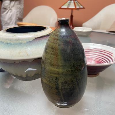 Three Art POTTERY PIECES - bowl, vase, & smaller vase