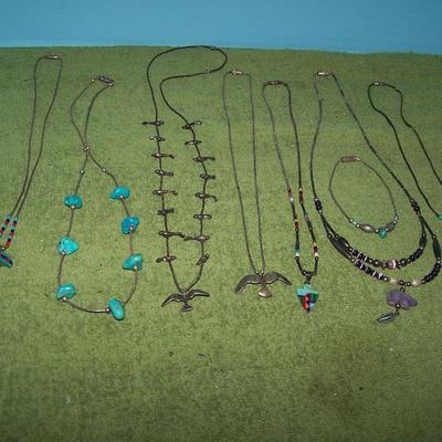 LOT 2  WONDERFUL NATIVE AMERICAN NECKLACES 1 BRACELET LIIQUID SILVER/TURQUOISE INLAY/FETISH