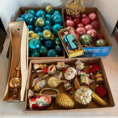 G2193 Three Flats of Vintage Glass Pink and Blue Balls with Figural Glass Ornaments