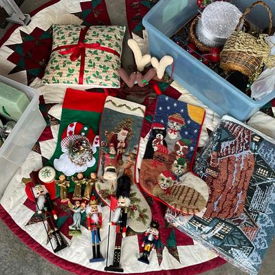 G2198 Two Tubs of Various Christmas Decorations with Tree Skirt