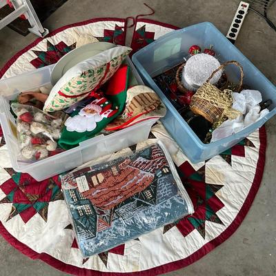 G2198 Two Tubs of Various Christmas Decorations with Tree Skirt