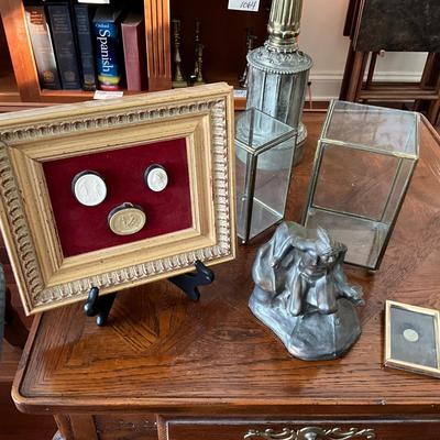 DR2209 Lot of Antique Intaglio with Glass Boxes and Bookends and Russia Coin