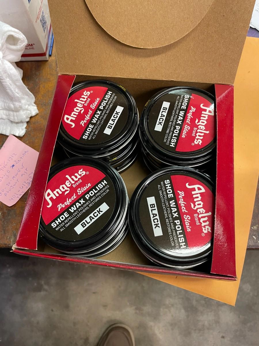 Shelf 1 Inventory Angelus Shoe Polish 11 Boxes 88 Cans of Polish Brand ...