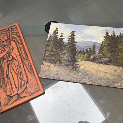 REDWARE PLAQUE, signed PVI / OIL ON BOARD, Artist signed
