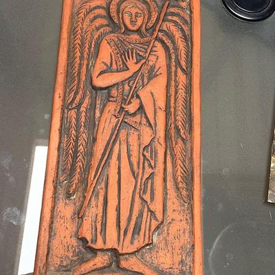 REDWARE PLAQUE, signed PVI / OIL ON BOARD, Artist signed