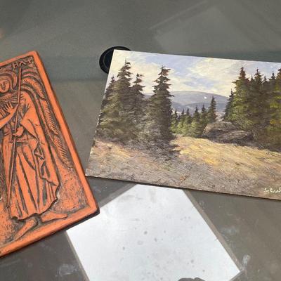 REDWARE PLAQUE, signed PVI / OIL ON BOARD, Artist signed
