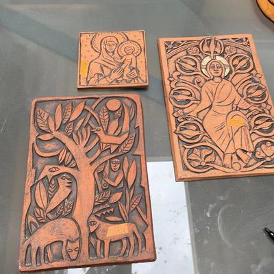 3 Terra Cotta Plaques - Madonna & Child, Saint, & Tree w/ Birds