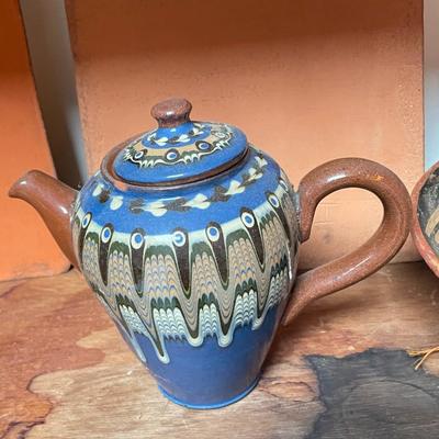 Hand Made Ancient Corinth Owl covered jar & Blue Glazed Tea Pot