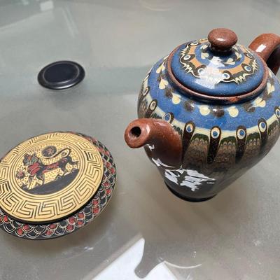 Hand Made Ancient Corinth Owl covered jar & Blue Glazed Tea Pot