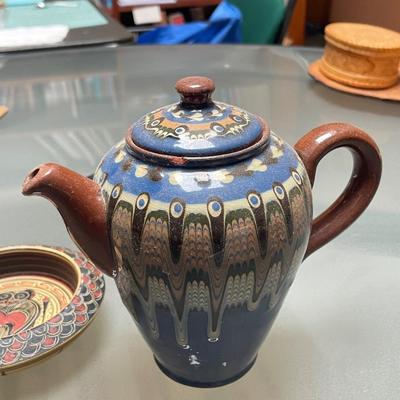 Hand Made Ancient Corinth Owl covered jar & Blue Glazed Tea Pot