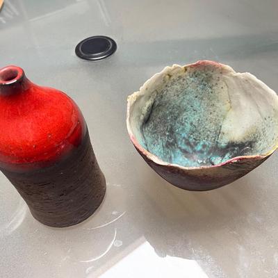 2 RAKU Pieces: a bowl & vase by Johansson red & black, blue & white