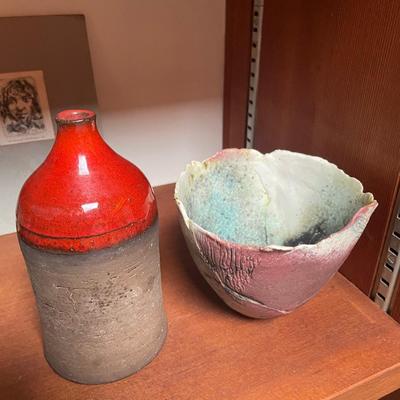 2 RAKU Pieces: a bowl & vase by Johansson red & black, blue & white