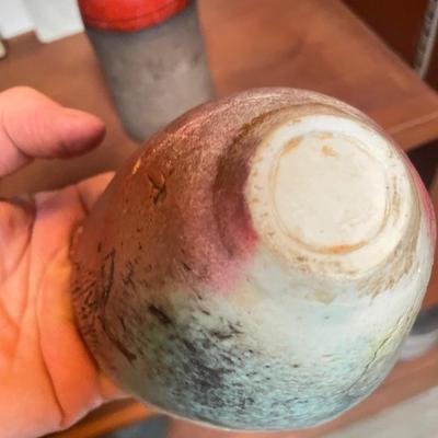 2 RAKU Pieces: a bowl & vase by Johansson red & black, blue & white