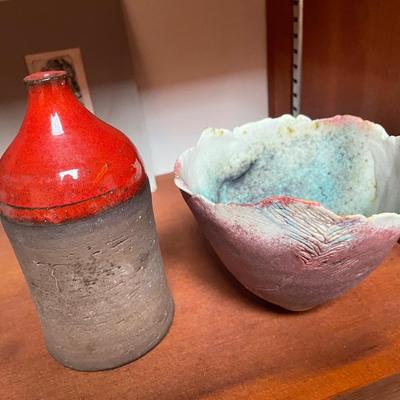 2 RAKU Pieces: a bowl & vase by Johansson red & black, blue & white