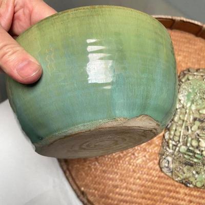 Green Vase Signed Amy S., & Funky Plaque