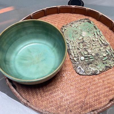 Green Vase Signed Amy S., & Funky Plaque