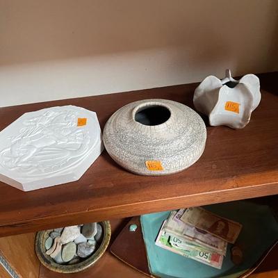 Plaster Plaque, Small Pinched Pottery Vase, Raku Piece