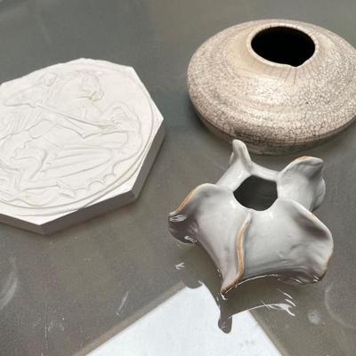 Plaster Plaque, Small Pinched Pottery Vase, Raku Piece