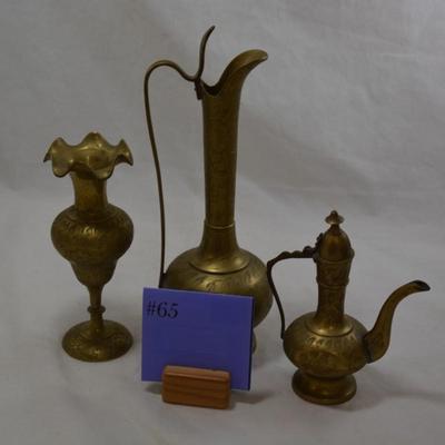 2 Brass Pitchers & Brass Bud Vase, India