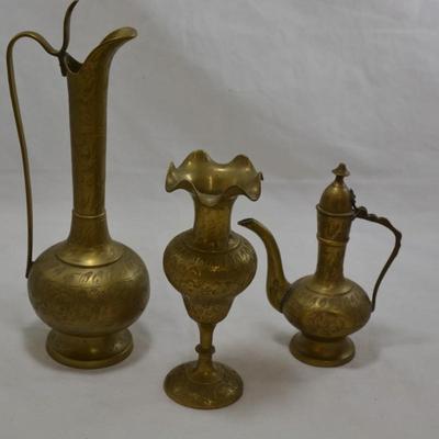 2 Brass Pitchers & Brass Bud Vase, India