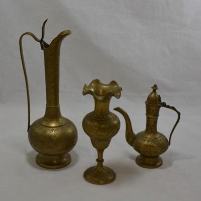 2 Brass Pitchers & Brass Bud Vase, India