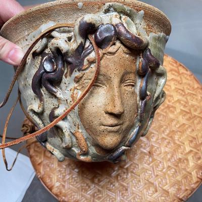 Unusual Hanging Pottery Planter with Face