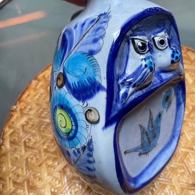 TONALA MEXICO Blue Vase w/ Raised Owls & Other Birds
