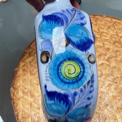 TONALA MEXICO Blue Vase w/ Raised Owls & Other Birds